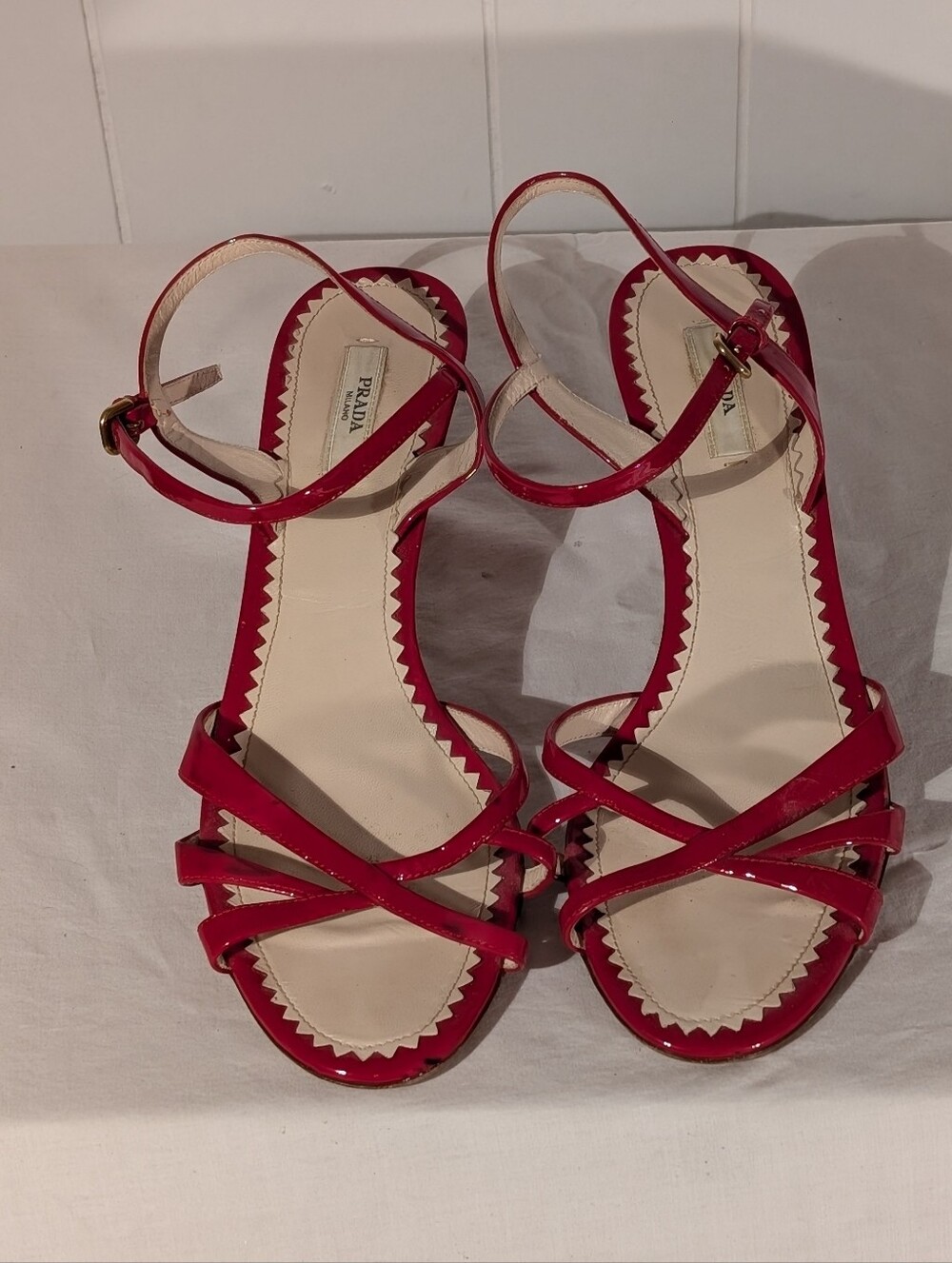 Prada Pink-Red Patent Leather Strappy Sandals